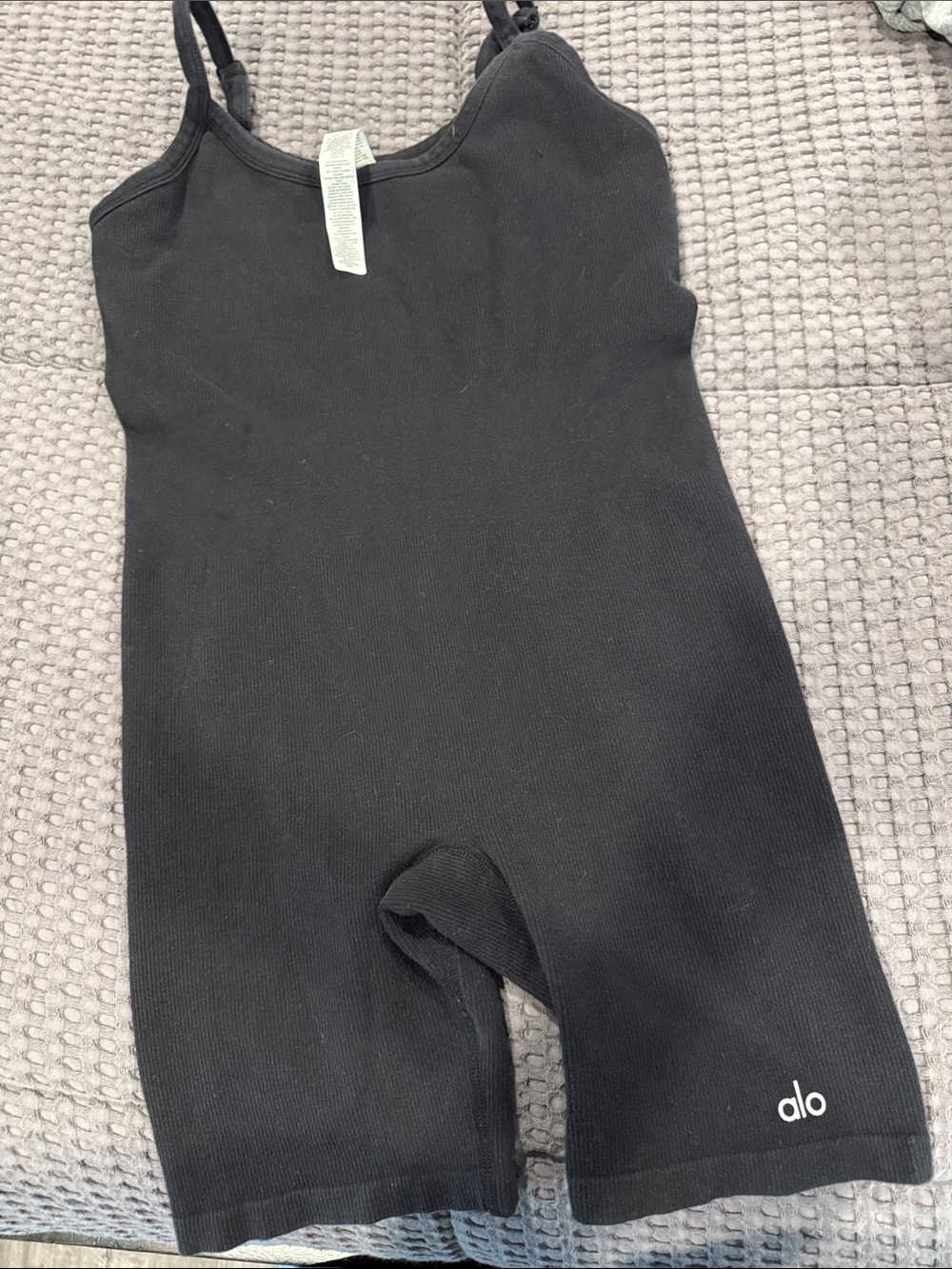 ALO Yoga Black Ribbed One-Piece Bodysuit with Logo